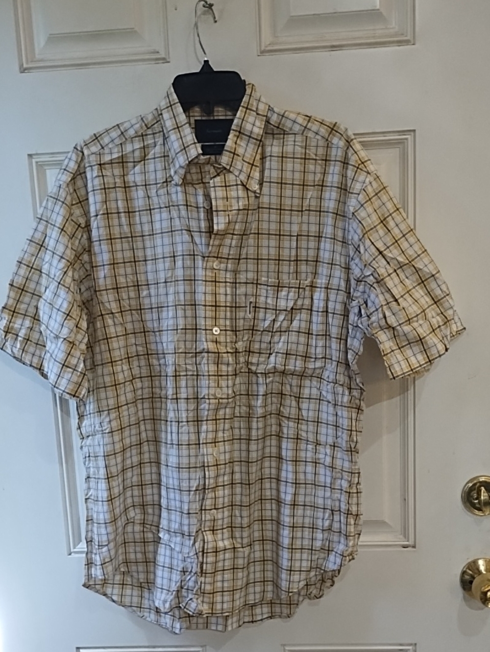 Faconnable White Blue & Yellow Plaid Short Sleeve Button-Up Shirt